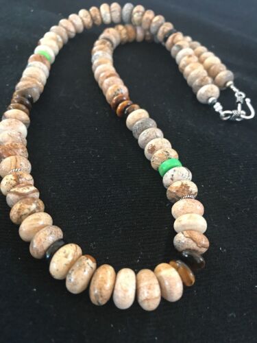 Turquoise Picture Jasper | 10mm Beads | Men's Navajo Sterling Silver Necklace | Southwestern Native American | 21" | 3369