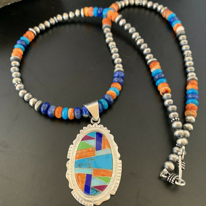 Navajo Spiny Oyster Turquoise Pendant Necklace | Sterling Silver | 21" | Authentic Native American Handmade | 11363 - Masha USA