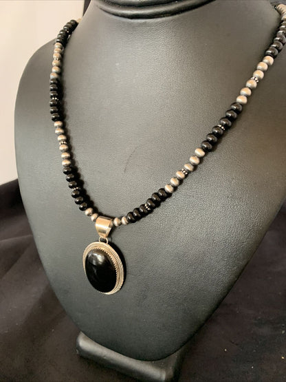 Native American Men's Navajo Pearl Necklace Pendant | Sterling Silver Black Onyx | 11742