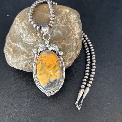 Navajo Bumblebee Jasper Pendant Necklace | Sterling Silver | Authentic Native American Handmade | 14248