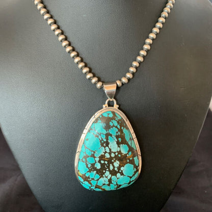 Men's Navajo Pearl Necklace with Blue Spiderweb Turquoise Pendant | Sterling Silver | 10532