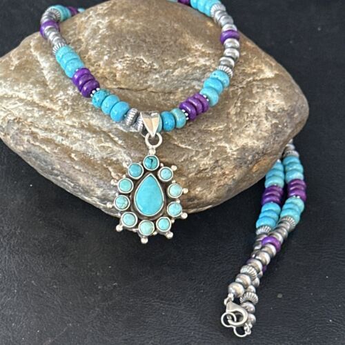 Blue Turquoise Sugilite Multi-Stone Necklace Pendant | Navajo Sterling Silver | 14640