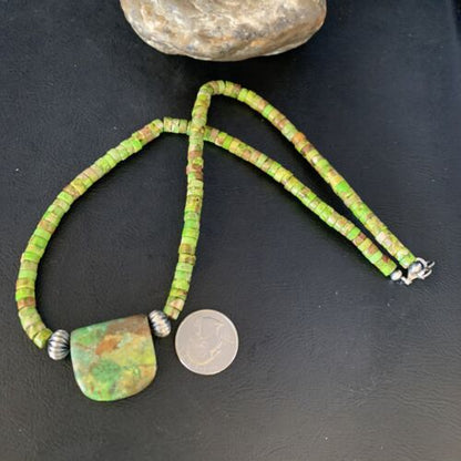 Navajo Green Gaspeite Turquoise Pendant | Sterling Silver | Authentic Native American Handmade | 13900