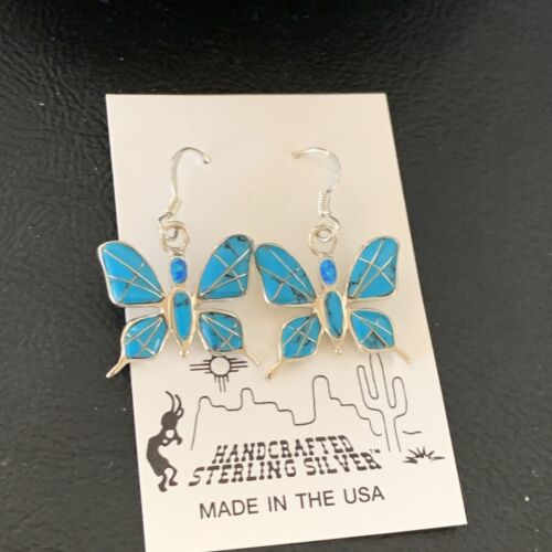 Navajo Blue Turquoise Inlay Butterfly Earrings | Sterling Silver | 0.5" | 12013