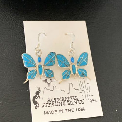 Navajo Blue Turquoise Inlay Butterfly Earrings | Sterling Silver | 0.5" | 12013 - Masha USA
