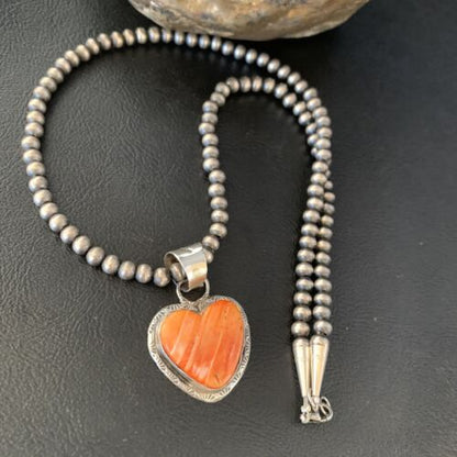 Navajo Orange Heart Spiny Oyster Pendant | Sterling Silver Necklace | Authentic Native American Handmade | 13949