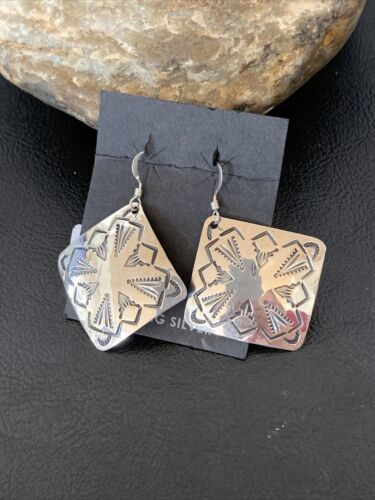 Native American Women's Dangle Earrings | Navajo Sterling Silver Stamped Handmade | 1660