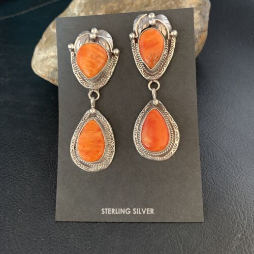 Navajo Orange Spiny Oyster Dangle Earrings | Sterling Silver | Authentic Native American Handmade | 13818