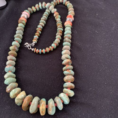Authentic Native American Navajo Necklace | Sterling Silver | Green Turquoise & Spiny Oyster | 32" | 01669