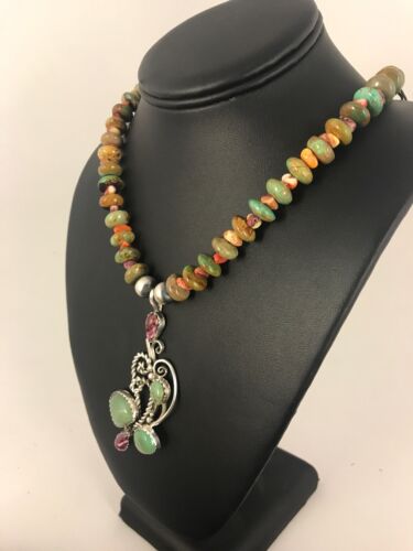 Navajo Green Turquoise & Spiny Oyster Pendant Necklace | Authentic Native American Sterling Silver | Multi-Stone | 8488