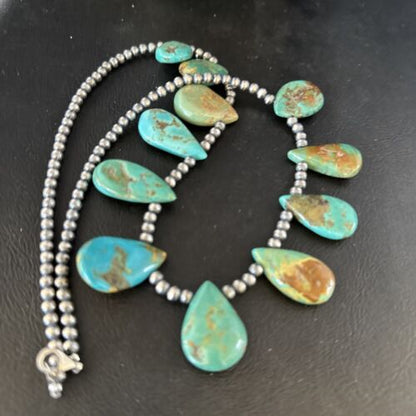 Southwestern Navajo Pearls Necklace | Sterling Silver | Blue Turquoise Teardrop | 14300