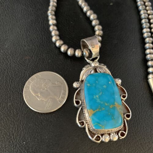 Men's Navajo Blue Kingman Turquoise Pendant Necklace | Sterling Silver | Authentic Native American Handmade | 13665