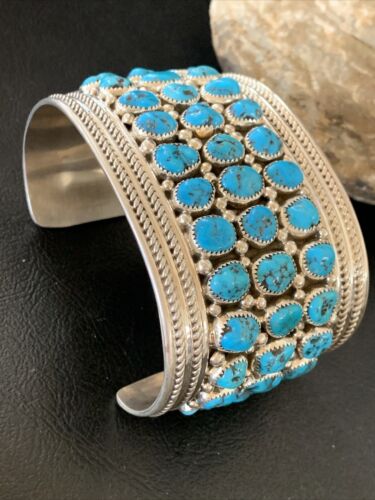 Sterling Silver Blue Kingman Turquoise Cuff Bracelet | 3 Row Stone | Authentic Native American Handmade | 12167