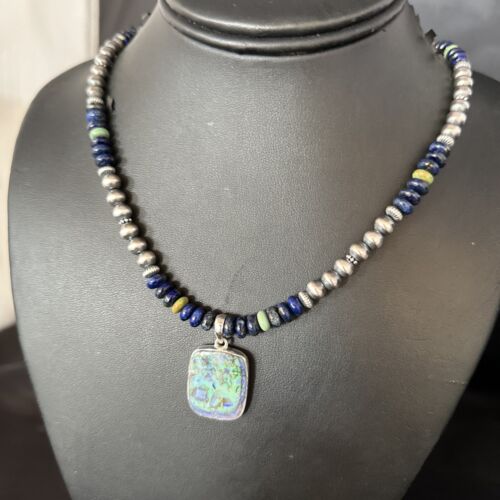 Navajo Green Turquoise Lapis Necklace with Opal Pendant | Sterling Silver | Native American Handmade | 14369