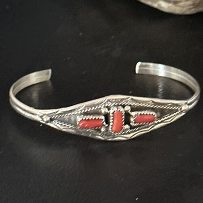 Native American Navajo Red Coral Cuff Bracelet | Sterling Silver | Authentic Handmade | 14592