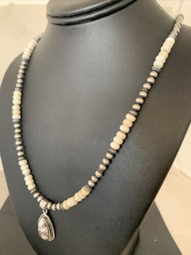 Navajo Pearls Wild Horse Turquoise Howlite Necklace Pendant | Sterling Silver | Authentic Native American Handmade | 1913