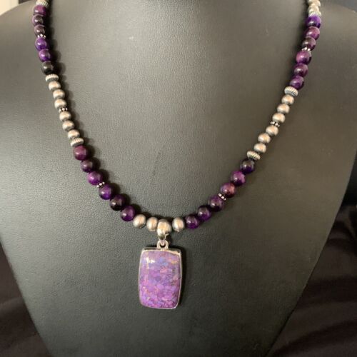 Navajo Pearl Purple Mojave Turquoise Onyx Pendant Necklace | Sterling Silver | Authentic Native American Handmade | 13404