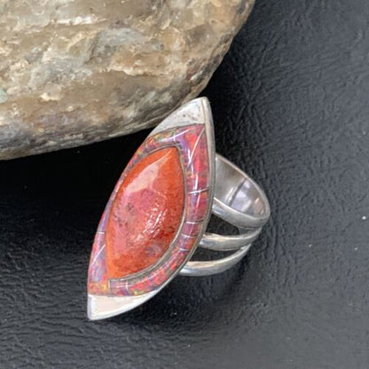 Navajo Red Spiny Oyster Opal Inlay Ring | Sterling Silver | Sz 10 | Authentic Native American Handmade | 12844