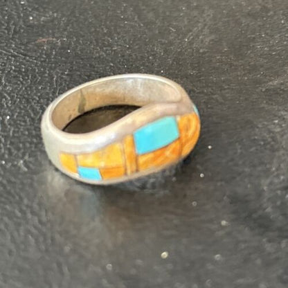 Southwestern Women's Navajo Blue Turquoise Spiny Oyster Inlay Ring | Sz 8 | 14559