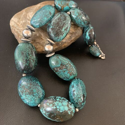 Chunky Navajo Pearl Graduated Turquoise Necklace | Sterling Silver | Authentic Native American Jewelry | 21" | 11904