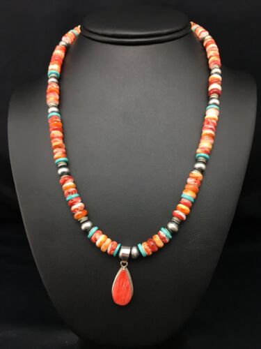 Navajo Spiny Oyster Turquoise Pendant Necklace | Sterling Silver | 19" | Authentic Native American Handmade | 4522