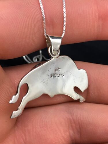 Navajo Buffalo Turquoise Pendant 1.25" | Sterling Silver | Native American Handmade | 20" | 3024