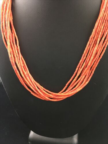 Native American Orange Spiny Heishi Necklace | 10 Strand | Sterling Silver | 20" | 10037