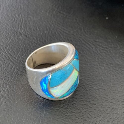 Navajo Blue Turquoise Opal Inlay Band | Sz 5 | Authentic Native American Handmade Men's Pinky Ring | 12858