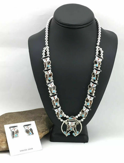 Zuni Owl Inlay Turquoise Squash Blossom Necklace Set | Sterling Silver | Native American Handmade | 1310
