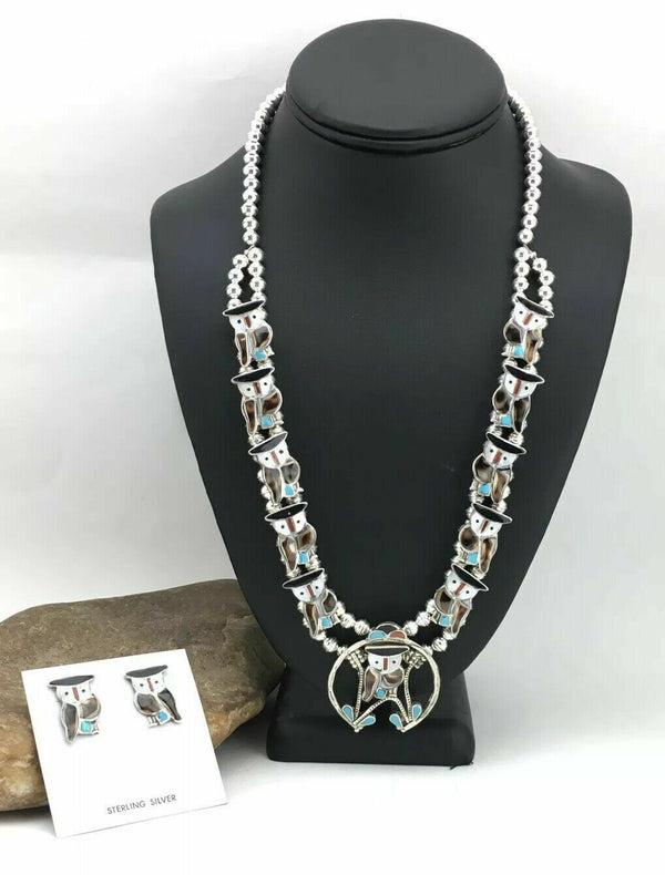 Zuni Owl Inlay Turquoise Squash Blossom Necklace Set | Sterling Silver | Native American Handmade | 1310