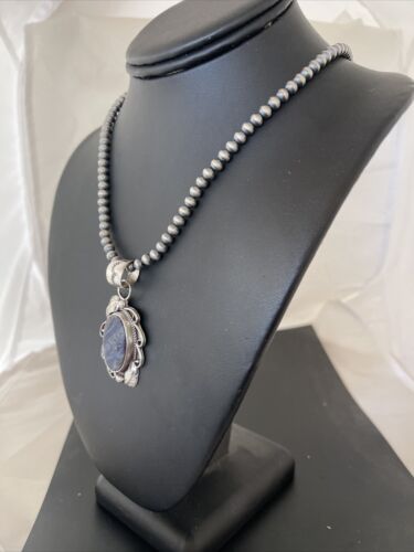 Men's Handmade Navajo Sterling Silver Beads Necklace | Lapis Pendant 2" | Authentic Native American | 1208