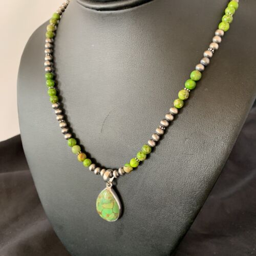 Navajo Pearl Necklace with Green Mojave Turquoise Pendant | Sterling Silver | Authentic Native American Handmade | 11759