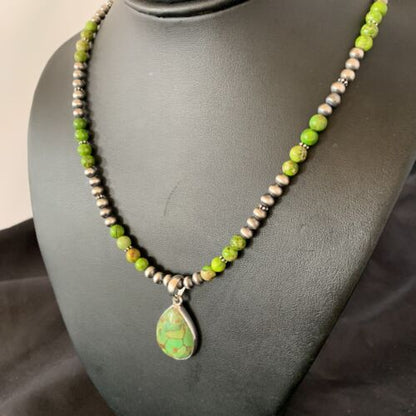 Navajo Pearl Necklace with Green Mojave Turquoise Pendant | Sterling Silver | Authentic Native American Handmade | 11759