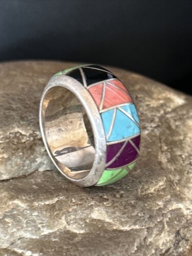 Multi-Color Blue Turquoise Gaspeite Inlay Ring | Sterling Silver | Sz 9 | 14501