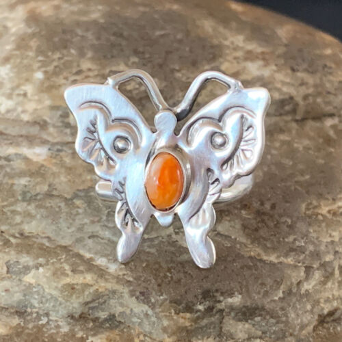 Navajo Orange Spiny Oyster Butterfly Ring | Sterling Silver | Sz Adj 8 | Authentic Native American Handmade | 10344