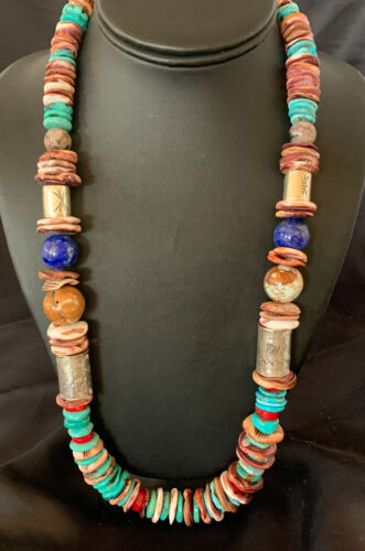 Navajo Turquoise Spiny Oyster Coral Lapis Necklace | Sterling Silver | 24" | Authentic Native American Handmade | 11870