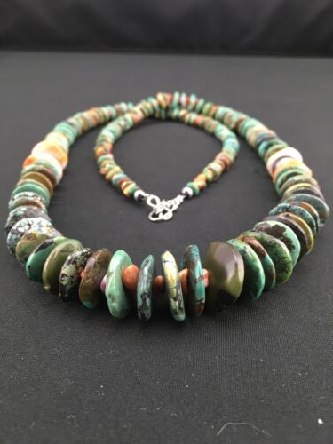 Navajo Graduated Green Turquoise & Spiny Oyster Necklace | Sterling Silver | Authentic Native American | 29" | 1336