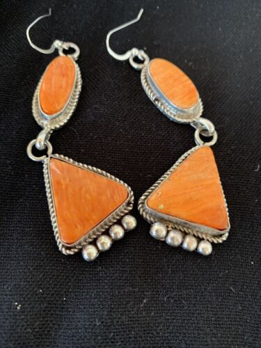 Navajo Orange Spiny Oyster Dangle Earrings | Sterling Silver | Authentic Native American Handmade | 199