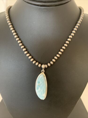 Navajo Blue Larimar Pendant Bead Necklace | Sterling Silver | Authentic Native American Handmade | 1761