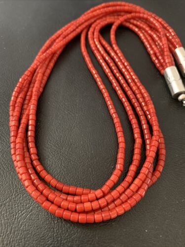 Southwestern Navajo 5-Strand Red Coral Bead Necklace | Sterling Silver | Authentic Native American Handmade | 01954