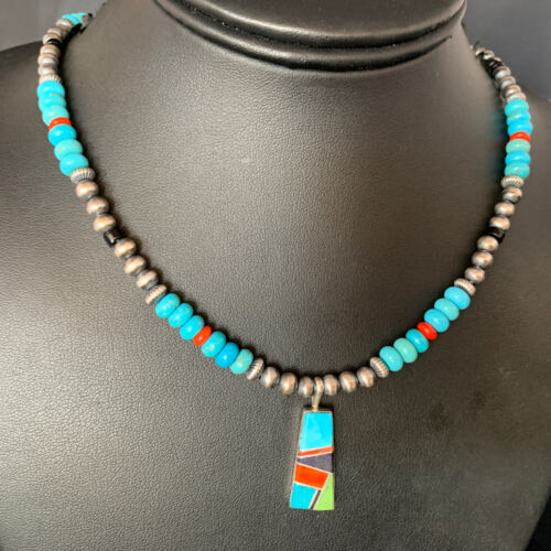 Navajo Blue Turquoise Coral Pendant Necklace | Sterling Silver Inlay | Authentic Native American Handmade | 13839