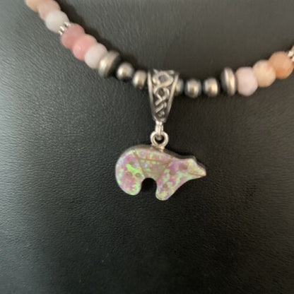 Navajo Bear Pink Opal Bead Necklace | Sterling Silver Inlay Pendant | Authentic Native American Handmade | 13459