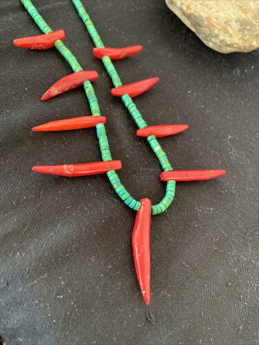 Navajo Turquoise Coral Chili Pepper Necklace | Sterling Silver | Graduated Beads | 20" | 00827