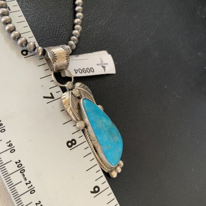 Men's Navajo Pearls Necklace with Blue Kingman Turquoise Pendant | Sterling Silver | 00904