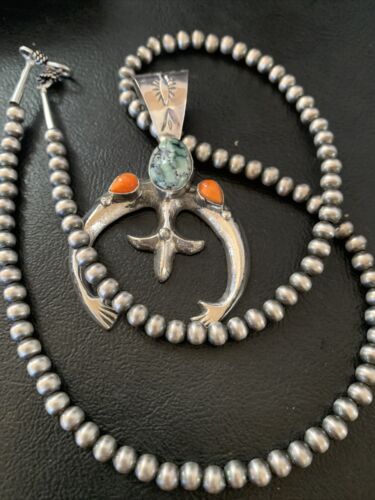Navajo Pearl Necklace with Green Turquoise & Spiny Oyster Naja Pendant | Sterling Silver | Authentic Native American Handmade | 11701