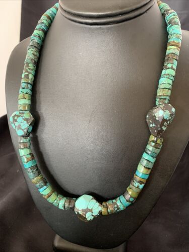Chunky Men's Navajo Spiderweb Turquoise Heishi Sterling Necklace | 21" | 124506