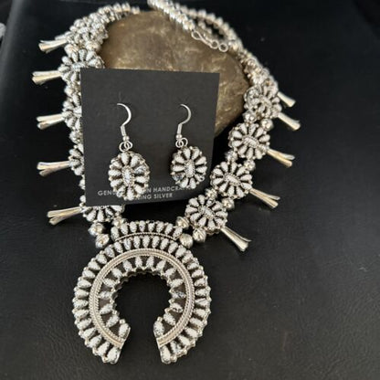Navajo Dual Side Blue White Buffalo Turquoise Squash Blossom Necklace | Sterling Silver | 14457 - Masha USA