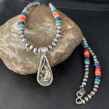 Navajo Multi-Color Turquoise Mother of Pearl Necklace Inlay Pendant | Sterling Silver | 13886