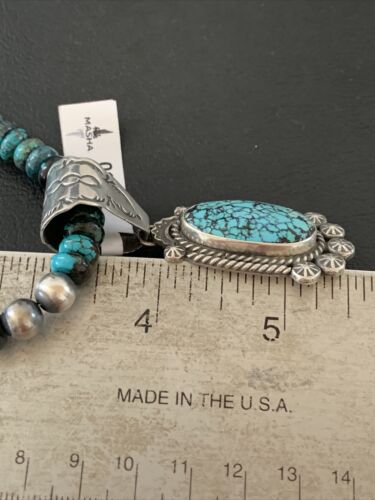Men's Navajo Spiderweb Kingman Turquoise Pendant Necklace | Sterling Silver | Native American Handmade | 01975