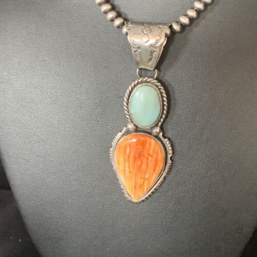 Navajo Dry Creek Turquoise Spiny Necklace Pendant | Sterling Silver | 2.5" | 13581